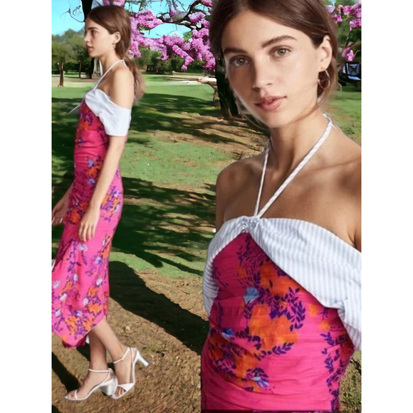 NWT Tanya Taylor Falling Floral Ruched Virginia Dress Bright Pink 0 MSRP $595 - Picture 2 of 8